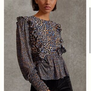 Anthropologie Bl-nk Moira Ruffled Peplum Top Leopard Medium